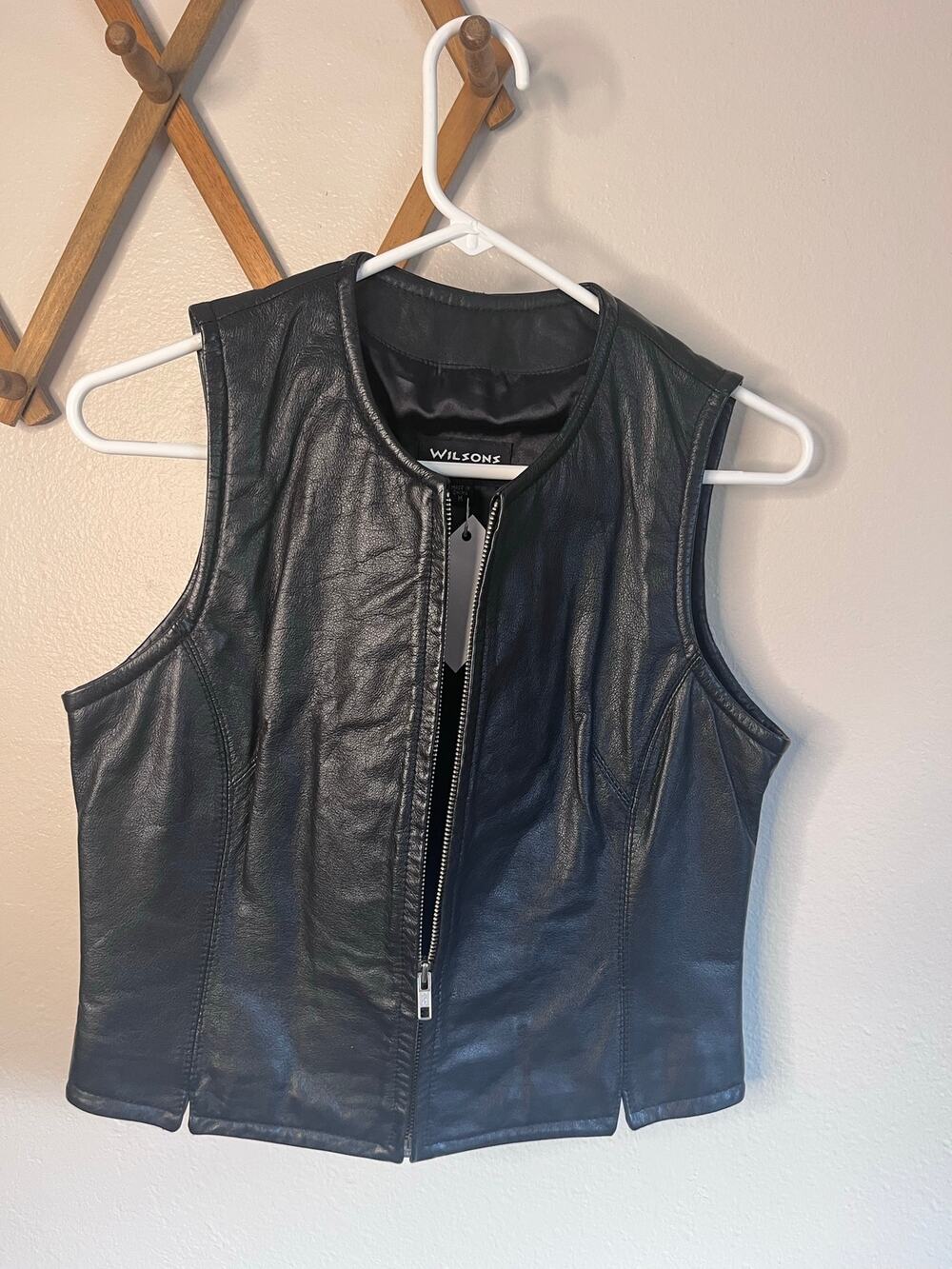 WILSONS LEATHER Black Zip Front Genuine Leather Vest Moto Biker Women Size M